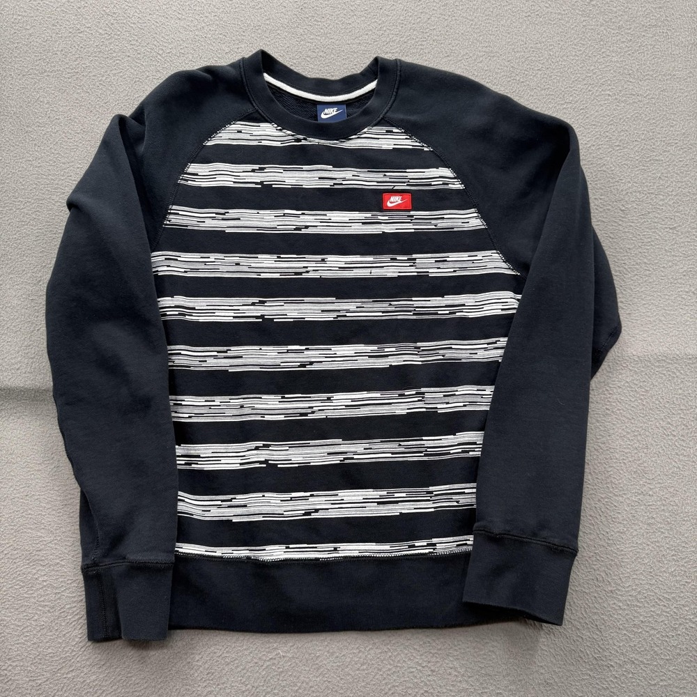 Nike Sweatshirt Mens Small Black White Stripe‎ Fleece Crewneck Pullover Logo